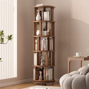 US Stock Modern Solid Wood 6 Tier Rotating Bookshelf Wheels Adjustable Tier Design for Small Spaces Bedroom Office SJ023
