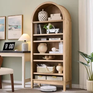 US in Stock Scandinavian Style Wooden Arched Bookshelf With Open & Adjustable Shelves Wood Bookshelf Display Storage Cabinet