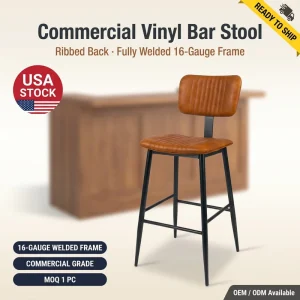 USA Stock Vintage Industrial Bar Stool Cognac Tan PU Leather Channel Tufted Counter Height Commercial Restaurant Chair MOQ 1PC
