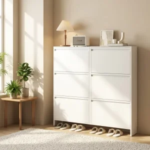 Ultra Thin Modern Metal Living Room Shoe Storage Cabinet Space Saving Durable Wall Mount Foldable Easy Assemble 4 Shelves Shoe