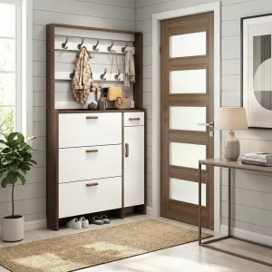Ultra Thin Solid Wood Shoe Cabinet Multi Functional Hanger Walnut Color Turning Bucket Rack for Household Door Entrance Storage