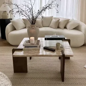 Unique Marble Tabletop Designer Square Shape 4 Solid Wood Legs Natural Travertine Coffee Table for Living Room Apartment