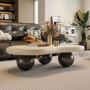 Unique Minimalist Nordic Living Room Rustic Elegant Large Oval Curved Gray White Walnut Wooden Modern Coffee Table Set