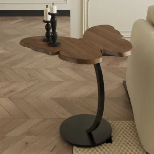 Unique Shaped Wooden Tea Table with Sturdy Metal Stand Living Room Accent Table for Home