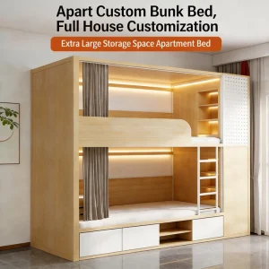 University Custom Modern Wooden Bunk Bed with Built in Bookshelf Wardrobe College Dormitory 2 person Full Enclosure Bedroom Bed