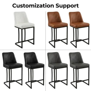 University Public Lounge Hall Modern Attic Style Square Steel Frame Counter Stool Groove Leather Metal Bar Chair