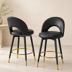 Upholstered Bar Stools PU Leather Kitchen Island Chairs with Comfortable Backrest Gold Footrest and Modern Black Frame