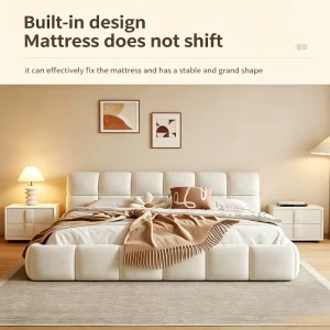 Upholstered Platform Bed Modern Bubble Tufted Built in Mattress Guard Solid Wood Frame Cream Queen Bedroom Furniture