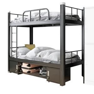 Upper Lower Bunk Steel Bed Double Staff Elevated High Low Storage Space Minimalist Modern Design Bedroom School Dormitory