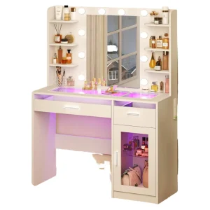 Vanity Desk with Mirror and Lights Makeup Dressing Table with Drawers 6 Shelves Large Tempered Cabinet Power Outlet for Bedroom