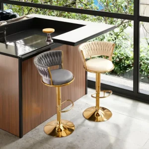 Velvet Bar Stool With Gold Metal Base Adjustable Height for Chic Home Bars or Kitchens Bar Chairs