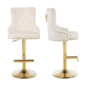 Velvet Fabric Counter Stool with Modern Design and Golden Metal Base Adjustable Bar Chair for Dining Living Room Home Hotels