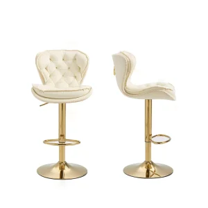 Velvet Luxury Modern Bar Stools with Chrome Footrest Swivel Height Adjustable Golden Legs for Dining and Bar Use BC-006