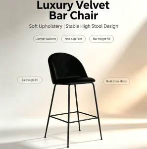 Velvet Upholstered Bar Chair with Black Metal Legs Modern High Counter Stool for Home Kitchen Cafe Bar Restaurant Bulk Supply