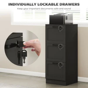 Vertical Filing Cabinet with 3 Drawers Lock File Cabinet for Home Office A4 and Letter Size Files Black