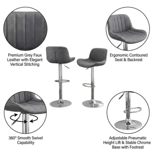 Vertical Stitched Grey Leather Bar Chair Metal Base Ergonomic Swivel Counter Stool with Adjustable Pneumatic Lift