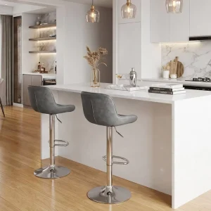 Vertical Stitching Bar Stool Contoured Scoop Chrome D Shape Footrest Pneumatic Lift 360 Swivel for Kitchen Pub Counter Lounge