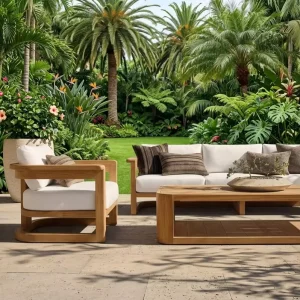 Villa Modern Teak Wood L-shape Sofa Set Weatherproof Rust-Proof Design for Garden Villa Balcony Sofa Set