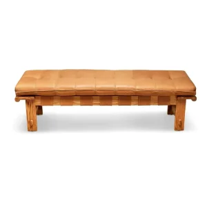 Vintage American Tan Leather Upholstered Bench Seat Bedroom Bed End Ottoman Bench Restaurant Dining Room Bench Seat for Cafe