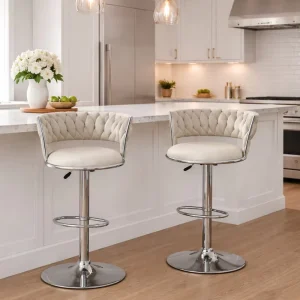 Vintage Bar Chair Velvet Woven Upholstered Backrest Adjustable Height Footrest Bar Stools for Kitchen Island Restaurant Office