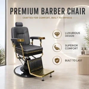 Vintage Black Gold High Back Barber Chair Hydraulic Salon Chair with Round Base Footrest and Headrest