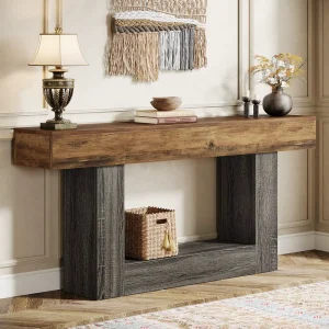 Vintage Brown Gray Console Table 2 Tier U Shaped Base Narrow Sofa Table for Living Room Hallway