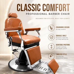 Vintage Brown High Back Barber Chair Hydraulic Salon Chair with Chrome Round Base Footrest and Headrest
