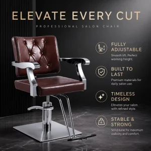 Vintage Brown Salon Styling Chair Hydraulic Barber Chair with Square Base Footrest Tufted Backrest and Chrome Armrests