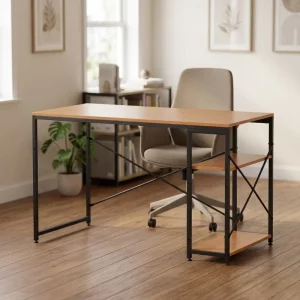 Vintage Brown Wood Computer Workstation with Black Metal Frame Home Office Writing Desk with Storage Shelves