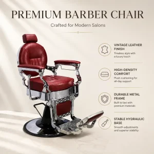 Vintage Burgundy Round Back Barber Chair Hydraulic Salon Chair with Chrome Round Base Footrest and Headrest
