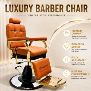 Vintage Caramel Orange Barber Chair Hydraulic Salon Chair with Gold Metal Armrests Round Base Footrest and Headrest