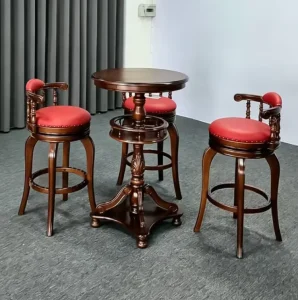 Vintage Carved Solid Wood Bar Table Set Red Leather Nailhead Bar Stools Swivel Pub Table Chairs for Restaurant Bar Club