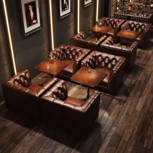 Vintage Chesterfield Leather Booth Sofa Set, Retro Solid Wood Table, Commercial Pub Cigar Bar Restaurant Furniture Whiskey Bar