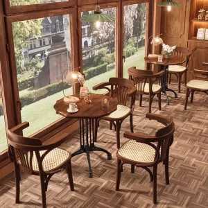 Vintage Classical Commercial Cafe Shop Solid Wood Rattan Furniture Set Dessert Book Store Dining Table and Chairs