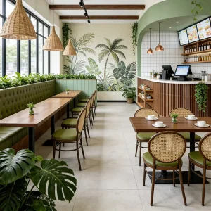 Vintage Coffee Shop Furniture Button Tuft Leather Booth Rattan Chair Wooden Top Restaurant Table Set for Bistro Cafe Snack Bar