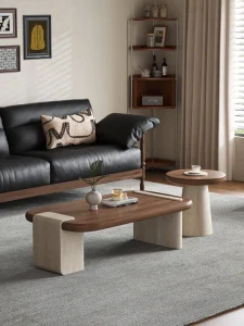 Vintage Craftsman Medieval Style Walnut Tone Faux Cave Stone Coffee Table Set for Small Apartments