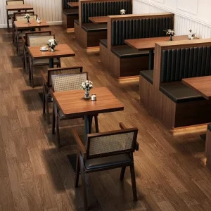 Vintage Design Commercial Restaurant Cafe Shop Wooden Durable Dining Table with Chairs Couch Storage Sofa Leather Furniture