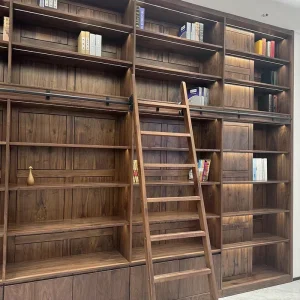 Vintage Distressed Full Wall Bookshelf for Study Room Home Library with Ladder Library Furniture