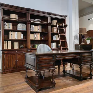 Vintage Distressed Living Room Wooden Library Wall Bookcase with Library Ladder Multi functional Customization