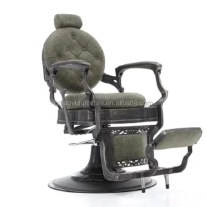 Vintage Green Barber Chair Brushed Frame Round Base Height Adjustable Rotating Function Barber Chair for Hair Cut Studio