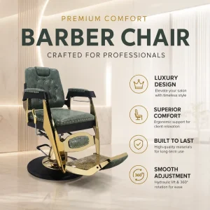 Vintage Green Gold High Back Barber Chair Hydraulic Salon Chair with Round Base Footrest and Headrest