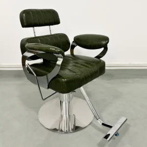Vintage Green Wax Leather Barber Chair Stainless Steel Lifting Base Adjustable Extendable Headrest Manual Reclining Salon Chair