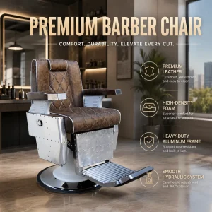 Vintage Industrial Barber Chair Hydraulic Salon Chair with Chrome Round Base Footrest High Back for Barbershop Furniture