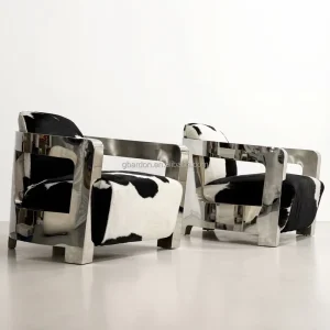 Vintage Industrial Real Cow Genuine Leather Club Chair Sofa Set with Stainless Steel Armchair for Apartments Hotels Living Rooms
