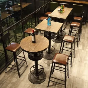 Vintage Industrial Style Bar Furniture Sets Iron High Stools and Solid Wood Bar Tables for Restaurants and Cafes Use