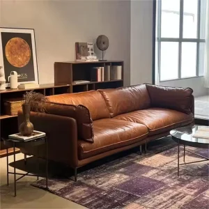 Vintage Italian Minimalist Oil Wax Leather Sofa Mid Century Style Straight Row Embrace Genuine Cowhide Top Layer Living Room Art