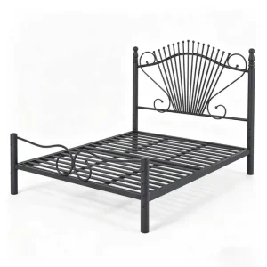 Vintage Metal Bed Frame Queen Size Sunburst Fan Shaped Headboard Matte Black Iron Bedstead for Bedroom