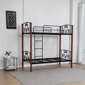 Vintage Metal Frame Bunk Bed with Reddish-Brown Posts Elegant Heart-Shaped Scrollwork Twin High Sleeper Bed for Home Apartment