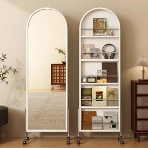 Vintage Movable Full-Length Mirror with 360° Wheels Multi-Functional Dressing Mirror with Magazine Display Racks for Living Room
