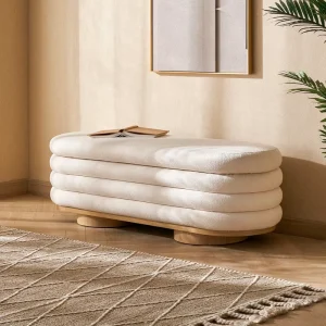 Vintage Nordic Minimalist Eco Friendly Handmade Soft Layered Linen Upholstery Storage Ottoman Bench Solid Wood Base for Living